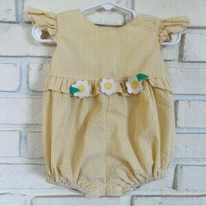 Yellow Striped Baby Romper with Daisy Trim